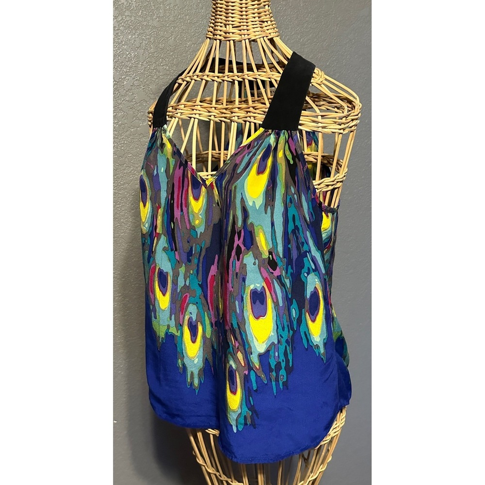 Trina Turk Silk Halter Top Blue Peacock Print V-Neck‎ Women S Whimsigoth